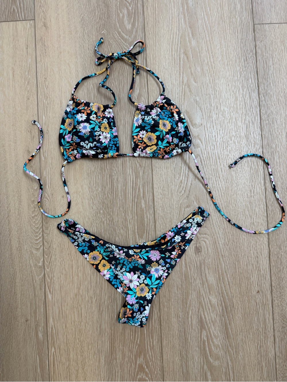 O'Neill Black Floral Triangle Bikini Set with Yellow Blue Pink Flowers